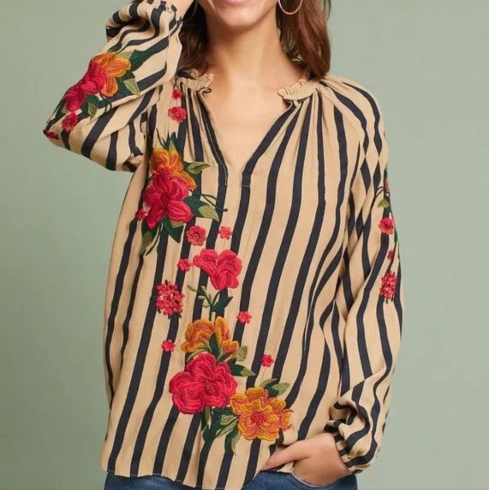 Anthropologie Striped Floral Embroidered Top - Black, Tan, Red